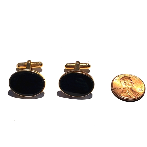 14K GOLD Small Black Oval Cufflinks Mens - Picture 5 of 5
